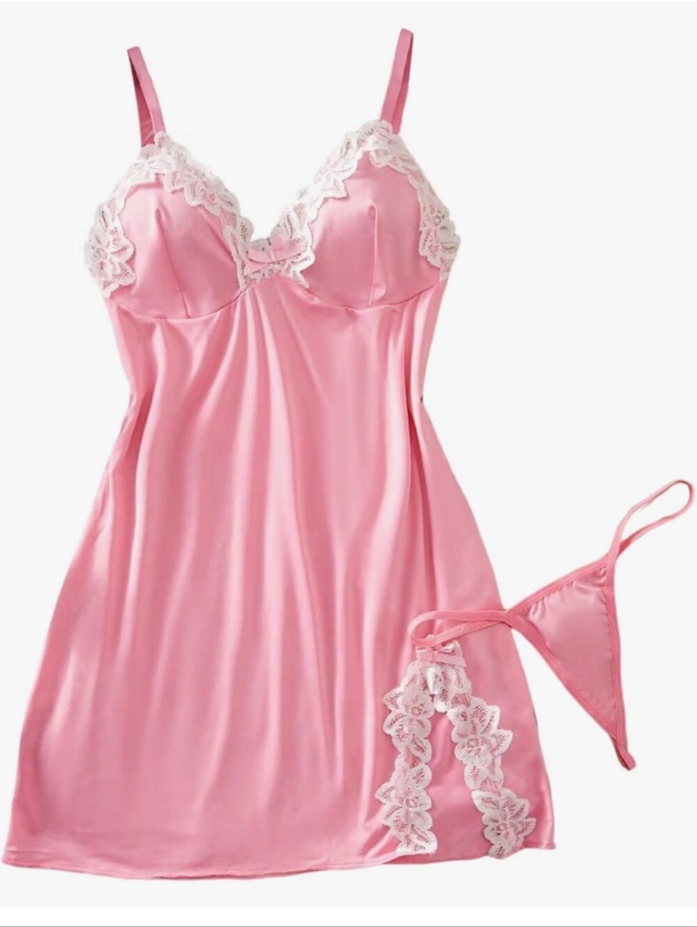 Pink Lace-Trim Satin Chemise & Thong - Women Intimates